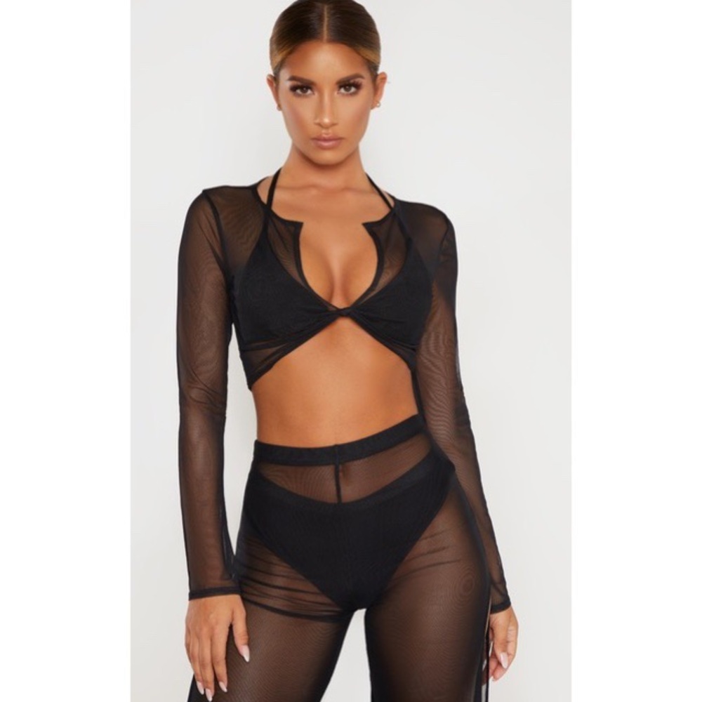 PrettyLittleThing Long Sleeve Knot Front Mesh Beach Top